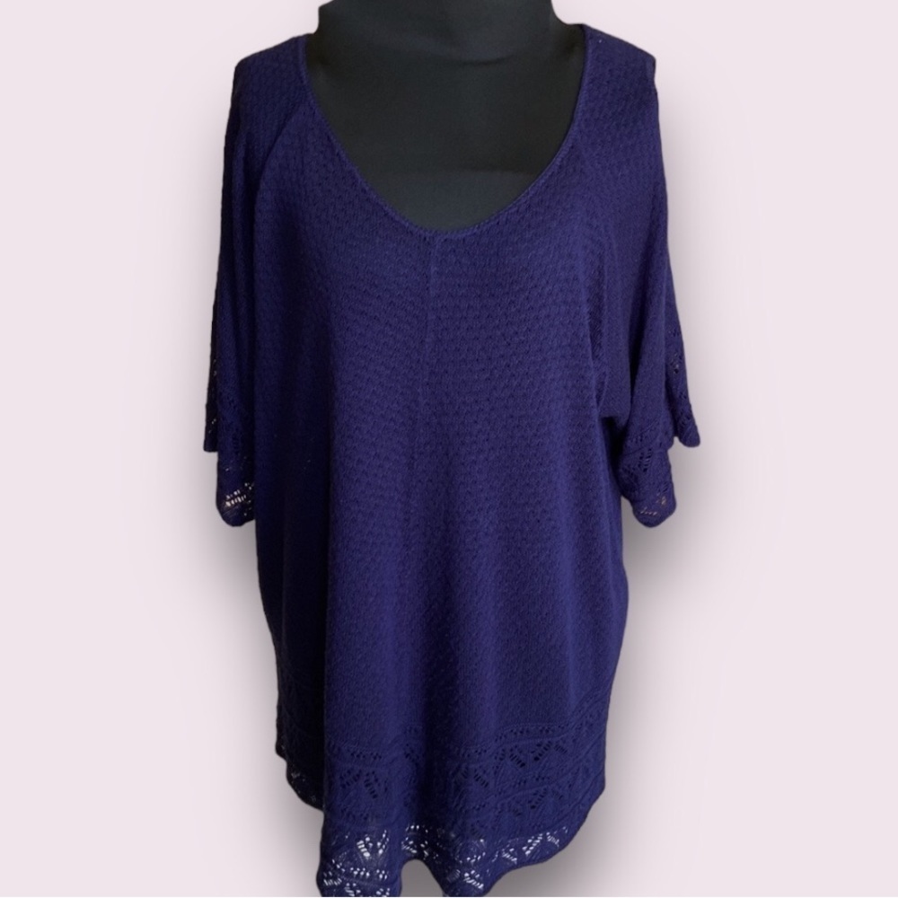 Westport 1962 Cold Shoulder Short Sleeve Pointelle Sweater Navy Blue Size 3X